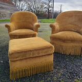 Set of toad armchairs and vintage yellow ottoman