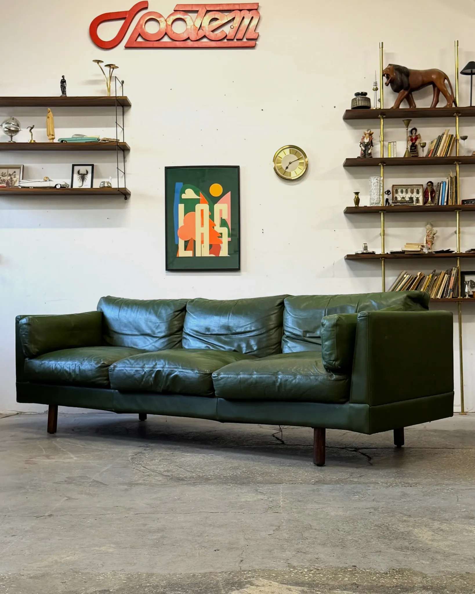 Olive leather sofa, Denmark, 1960s/70s, vintage mid-century modern