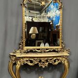 Mirror set with baroque style gilded wood console on marble top.