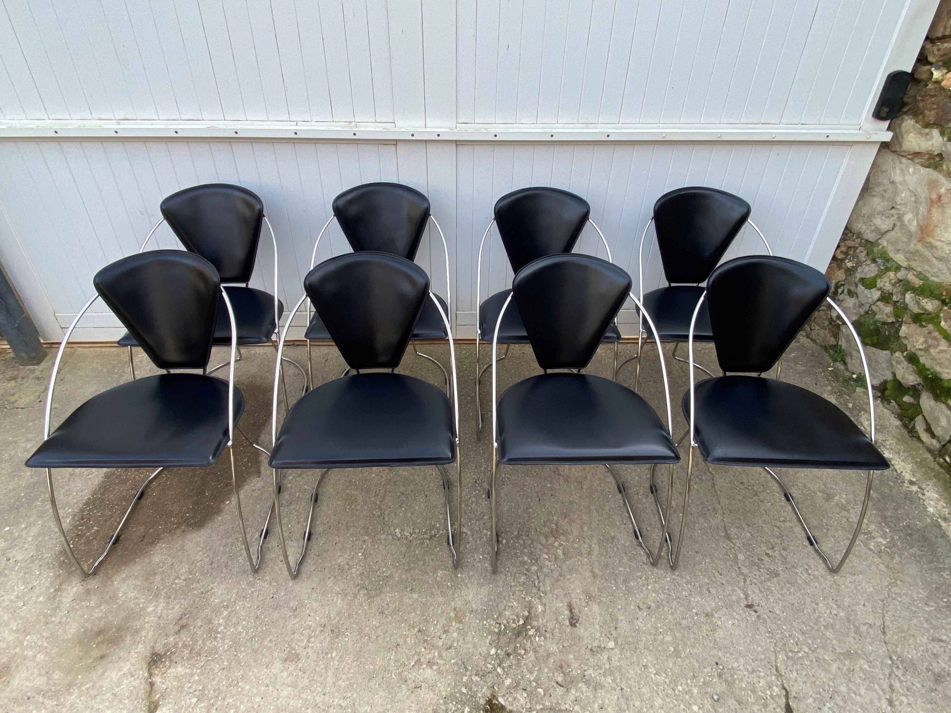 Set of 4 Linda armchairs by Arrben, black leather, chrome steel frame