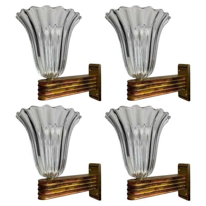 Murano Glass Wall Lamps attributed to Ercole Barovier, Italy, 1940s, Set of 4
