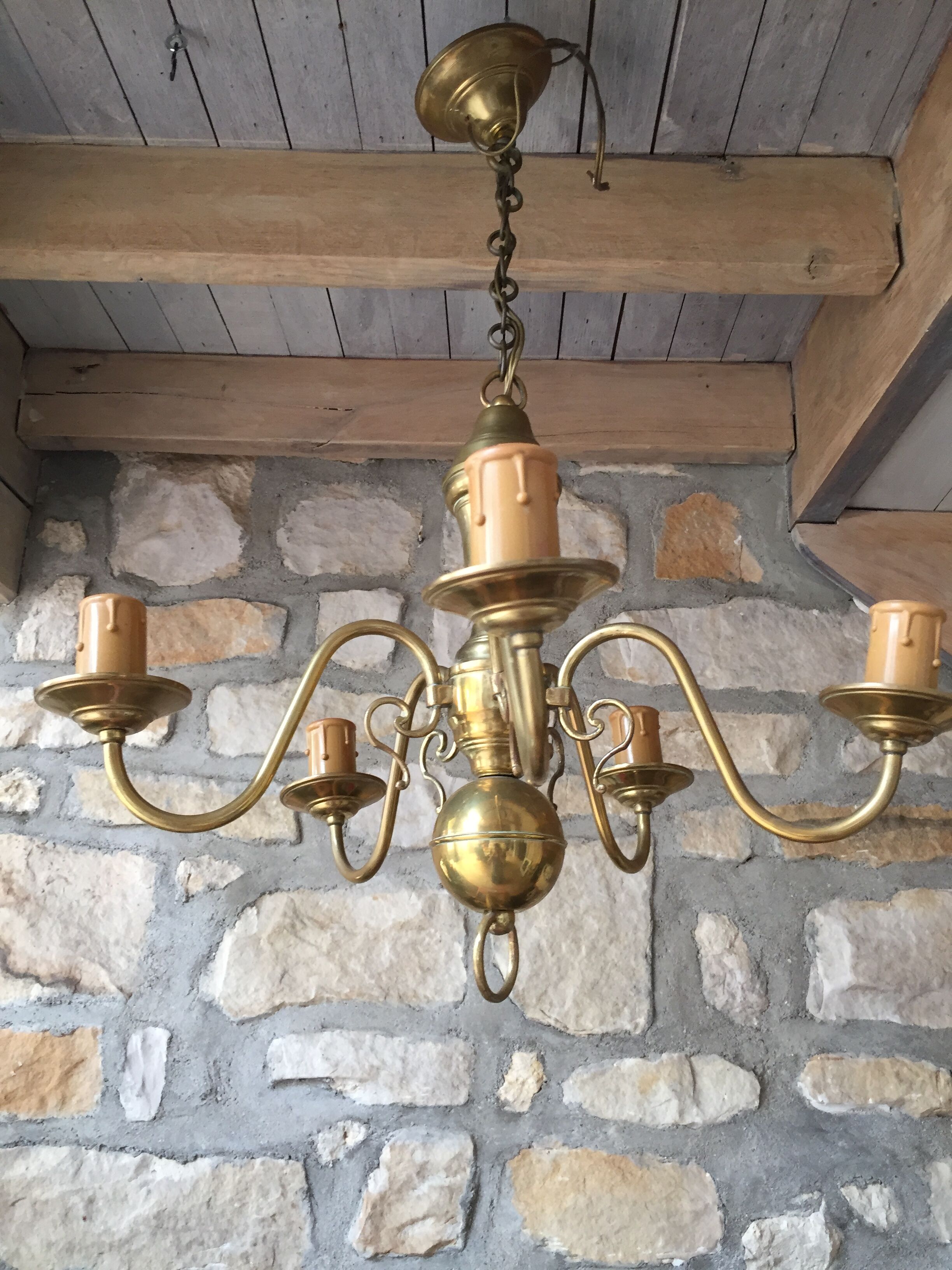 Vintage Dutch brass chandelier 5 branches