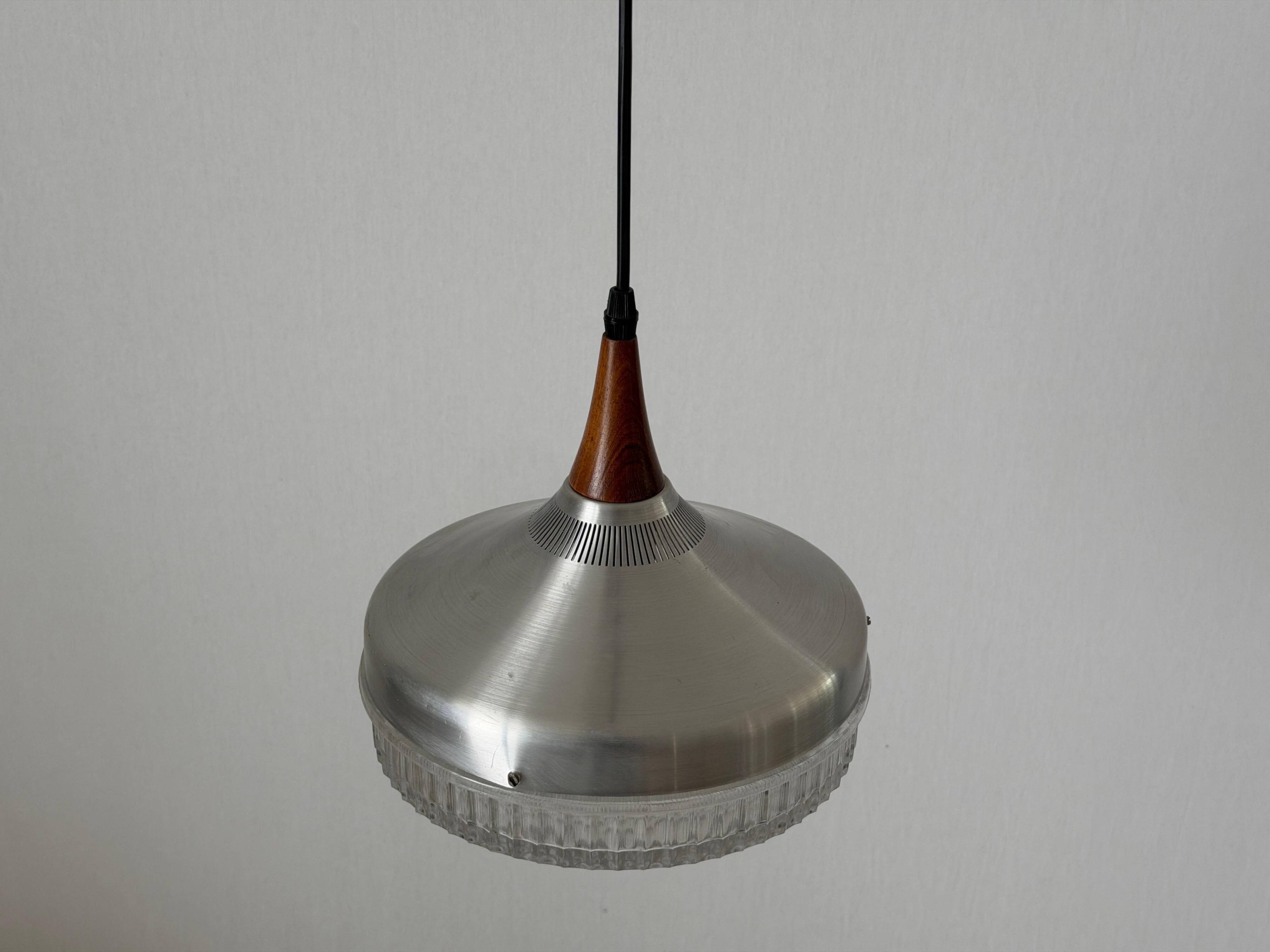 Crystal glass ceiling light with a metal frame and wood details, 1960s, Germany.