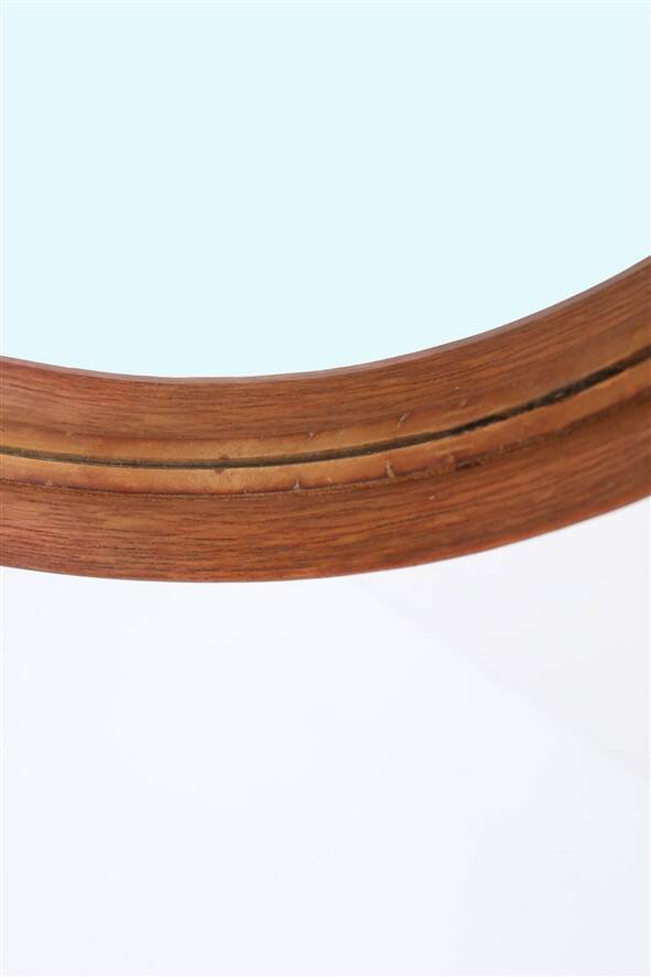 Rare round "#103" wall mirror / teak, leather, brass / by Glas Mäster, Markaryd, Sweden / 1960s / 1970s / Mid-Century Modern Design