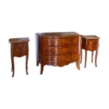 Commode marquetterie and its two bedside tables marble and bronze