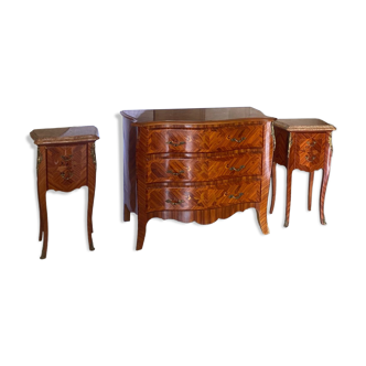 Commode marquetterie and its two bedside tables marble and bronze