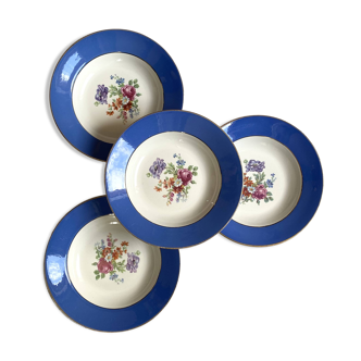 4 deep plates in old blue earthenware with gilded flowers from Saint Amand