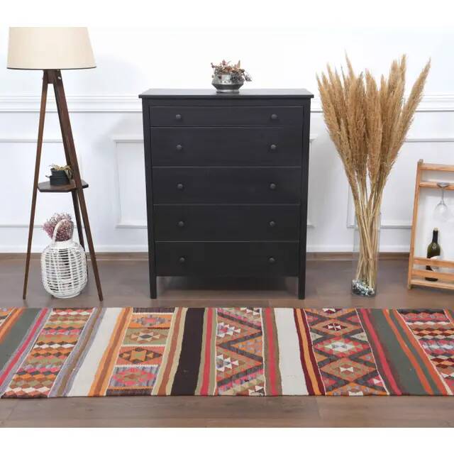 1970s Vintage Turkish Hand-Knotted Wool Cotton Orange Runner Rug 87x322