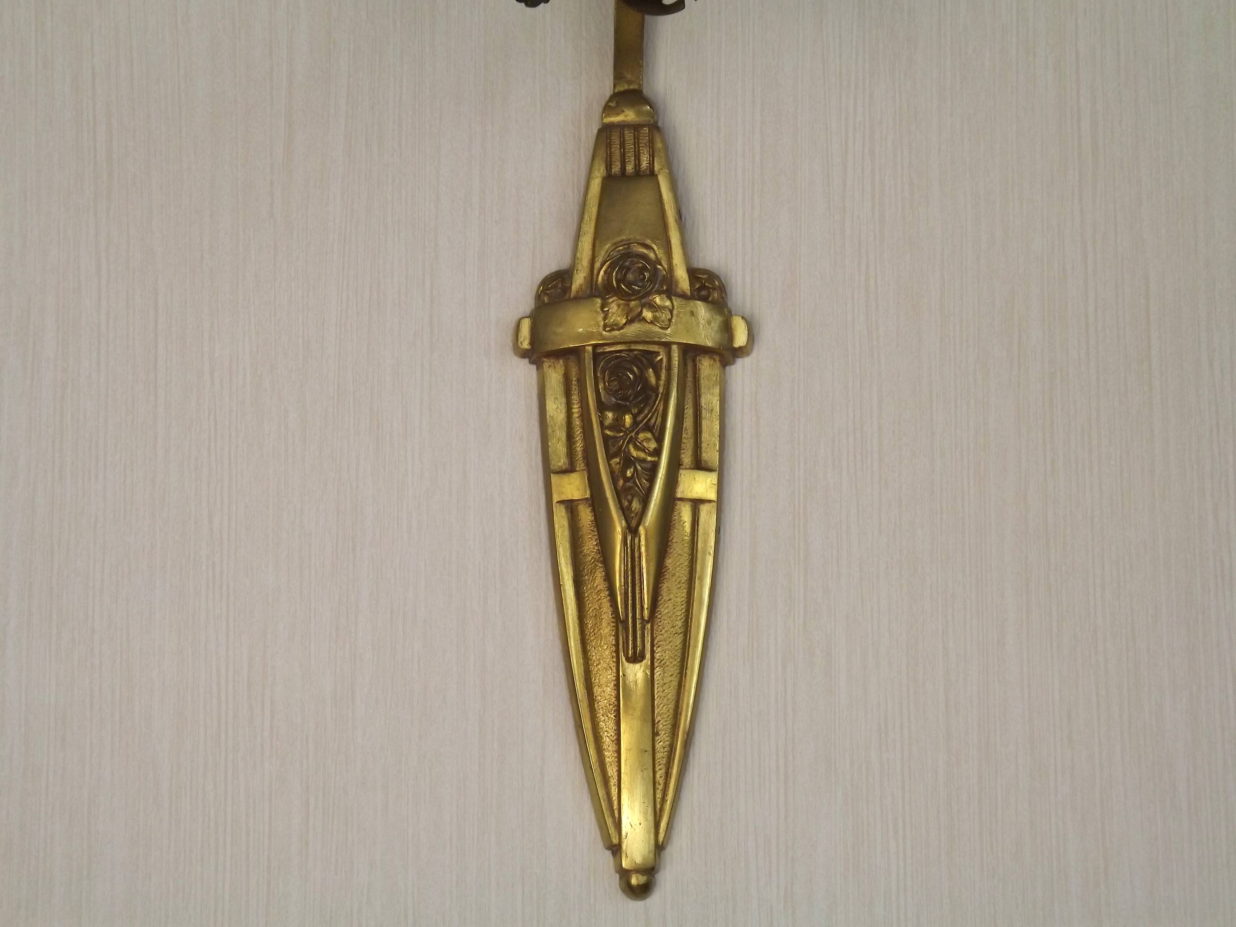 French Art Deco Brass Single Wall Light Rose Bud White & Green Shade 5507
