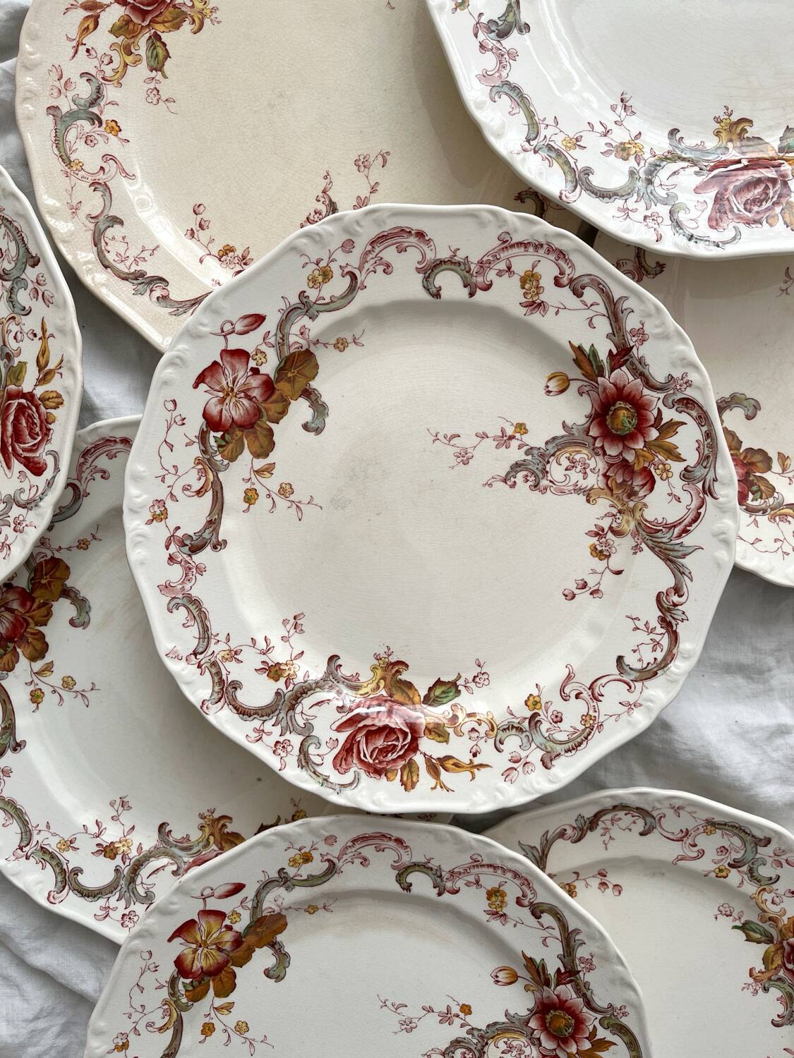 8 polychrome ironstone dinner plates "Wentworth" by Emile Bourgeois