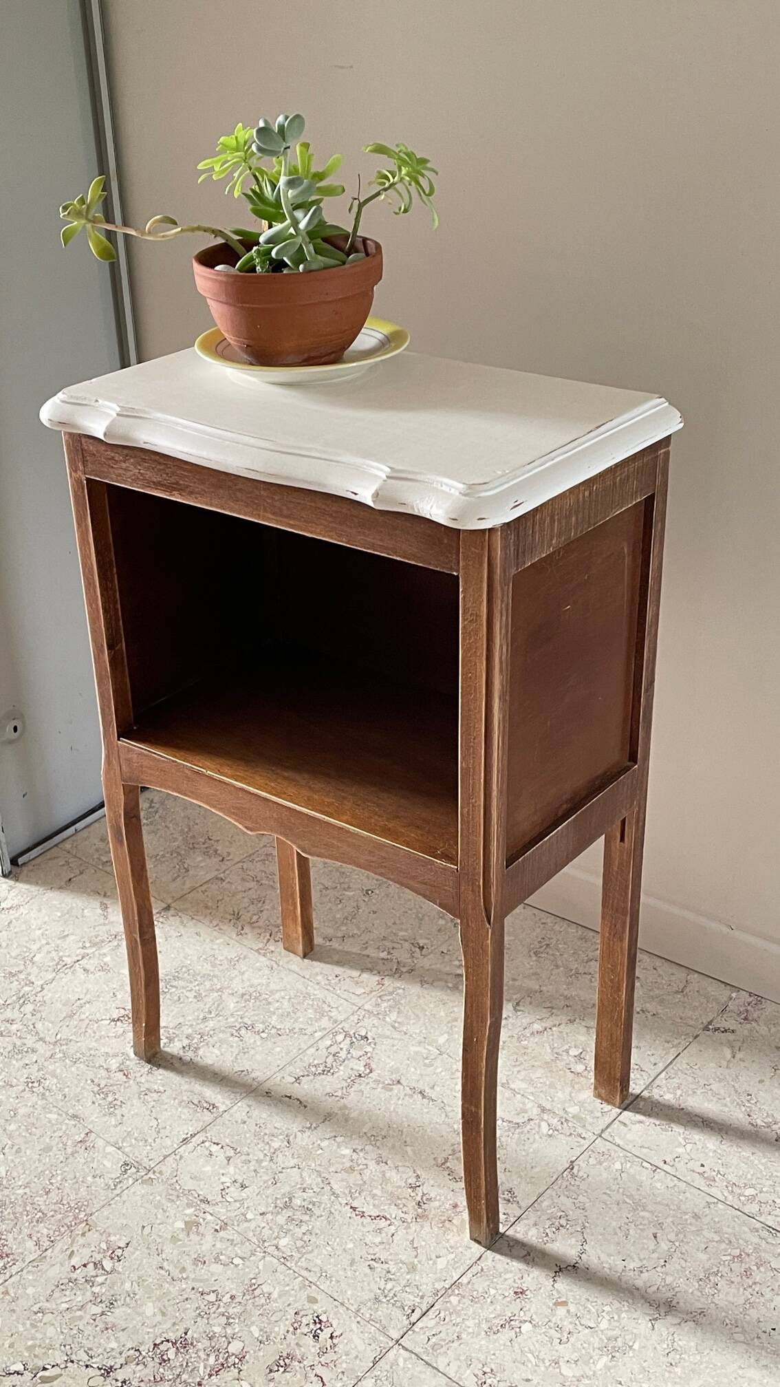 Vintage wood and white bedside table