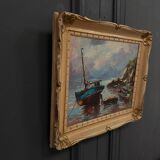 Oil on canvas fishing boats 1950 by Y. Morin