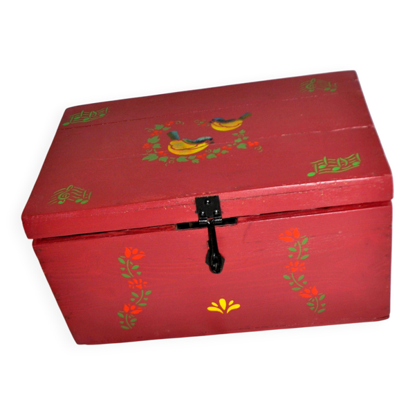Malle en bois vintage – coffre à jouet ou musique décor peint pochoir oiseau