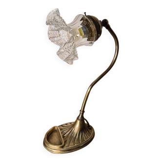 lampe  art nouveau bronze avec sa jolie tulipe transluside 37x 24 bon etat