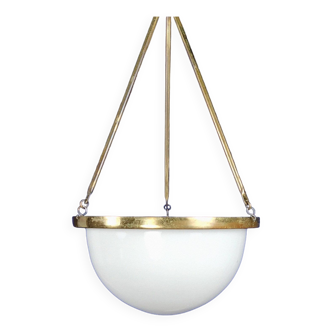 1930s Vintage English Art Deco Opaline & Brass Plafonnier / Bowl Pendant Light