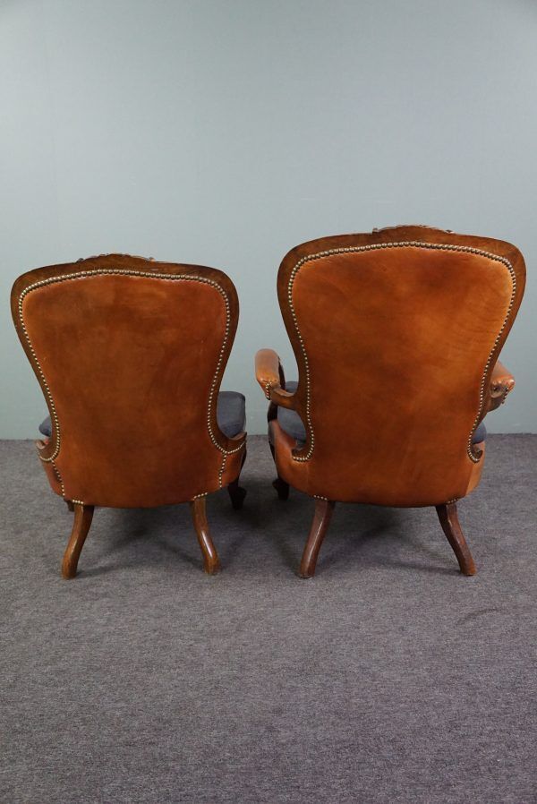 Unique antique set of 2 sheepskin leather armchairs