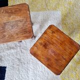 Pair of brutalist wooden stools, bedside tables.