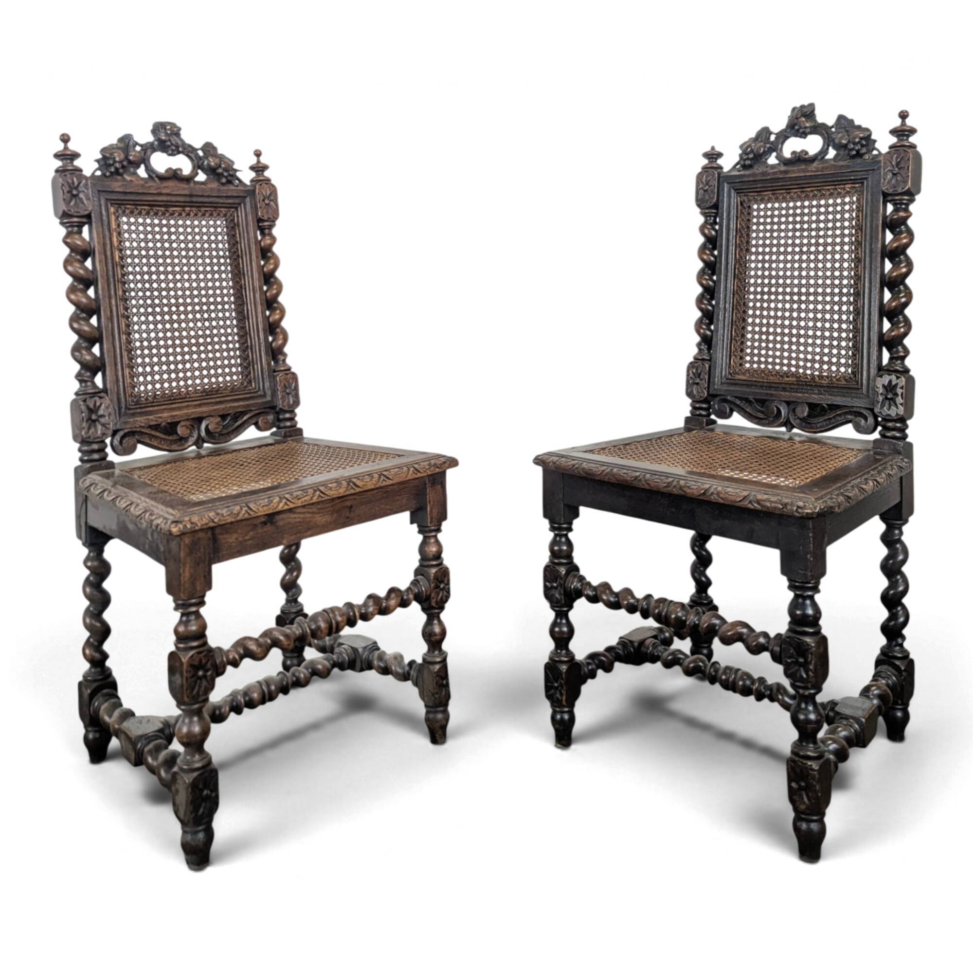 Pair of Louis XIII chairs in twisted oak with caning.