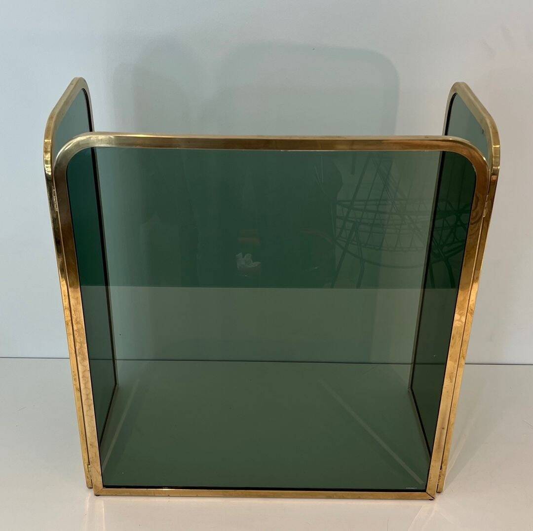 Three-Panel Folding Fire Screen in Tinted Green Glass with Brass Frame
