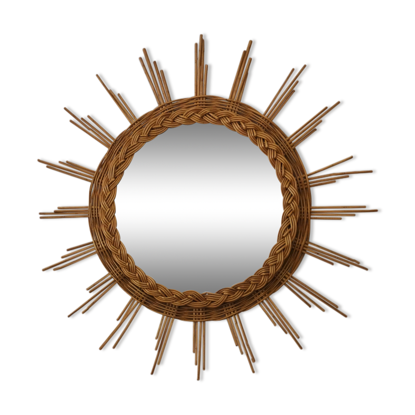 Vintage 60s braided Wicker rattan Sun mirror