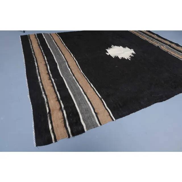 Vintage Turkish Hand-Knotted Wool Cotton Brown Kilim Area Rug 137x190
