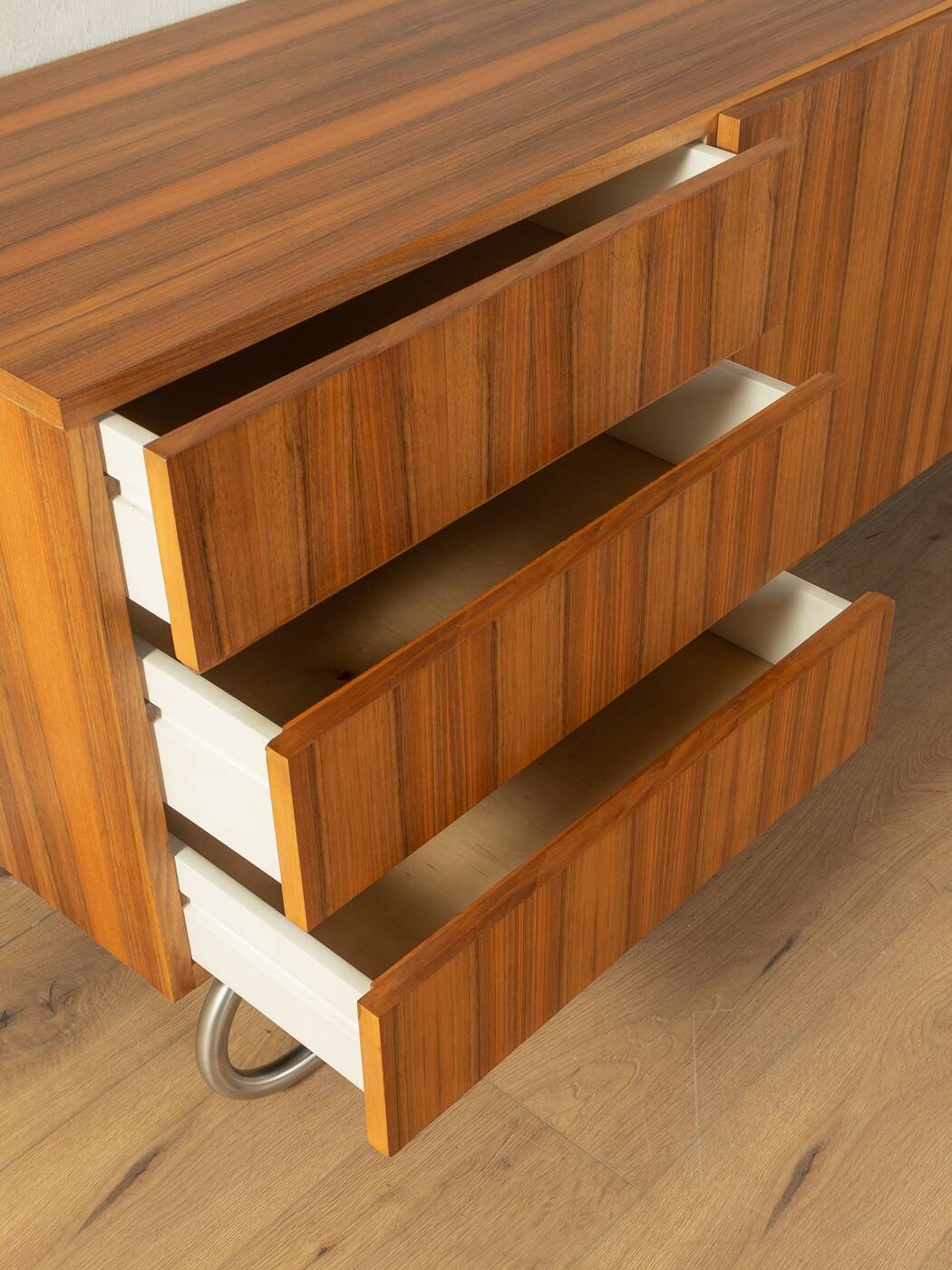 Classic sideboard from the 1960s, walnut veneer, Bauhaus stainless steel feet
