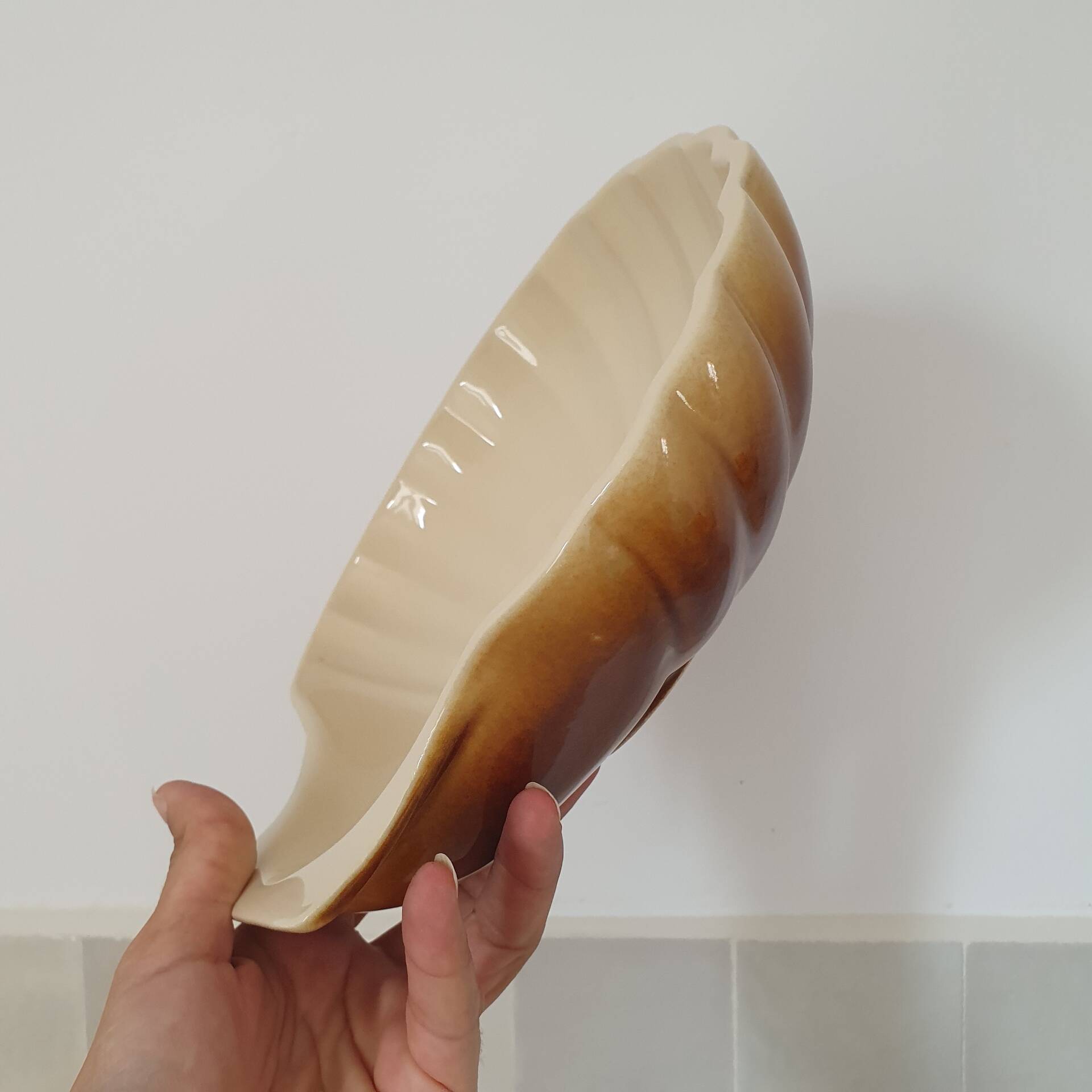 Brown and white ceramic shell bowl