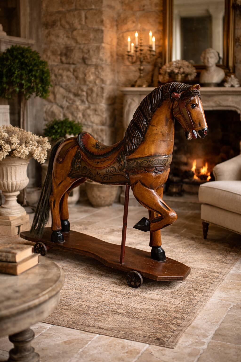 Antique painted wooden rocking horse – Large decorative model on wheels