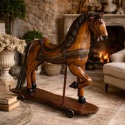 Antique painted wooden rocking horse – Large decorative model on wheels