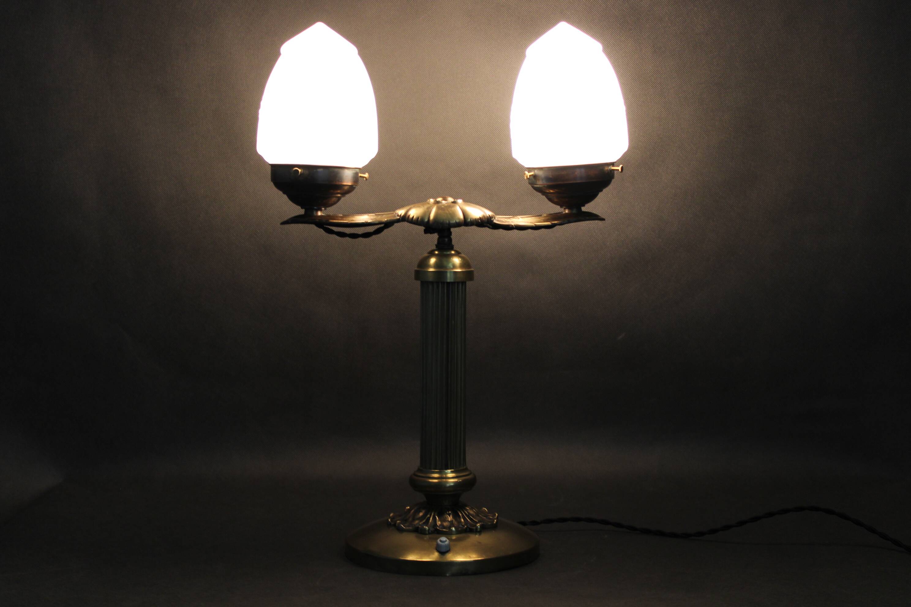 1930s Secession brass and glass dual desk lamp, Czechoslovakia