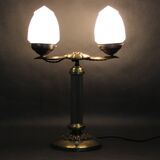 1930s Secession brass and glass dual desk lamp, Czechoslovakia