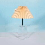 Minimalist glass table lamp from the 80s with a pleated shade.