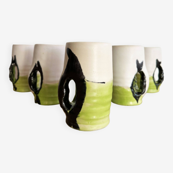 Rare suite de 5 chopes, mugs, ensemble de vases de Mado Jolain. France, années 50