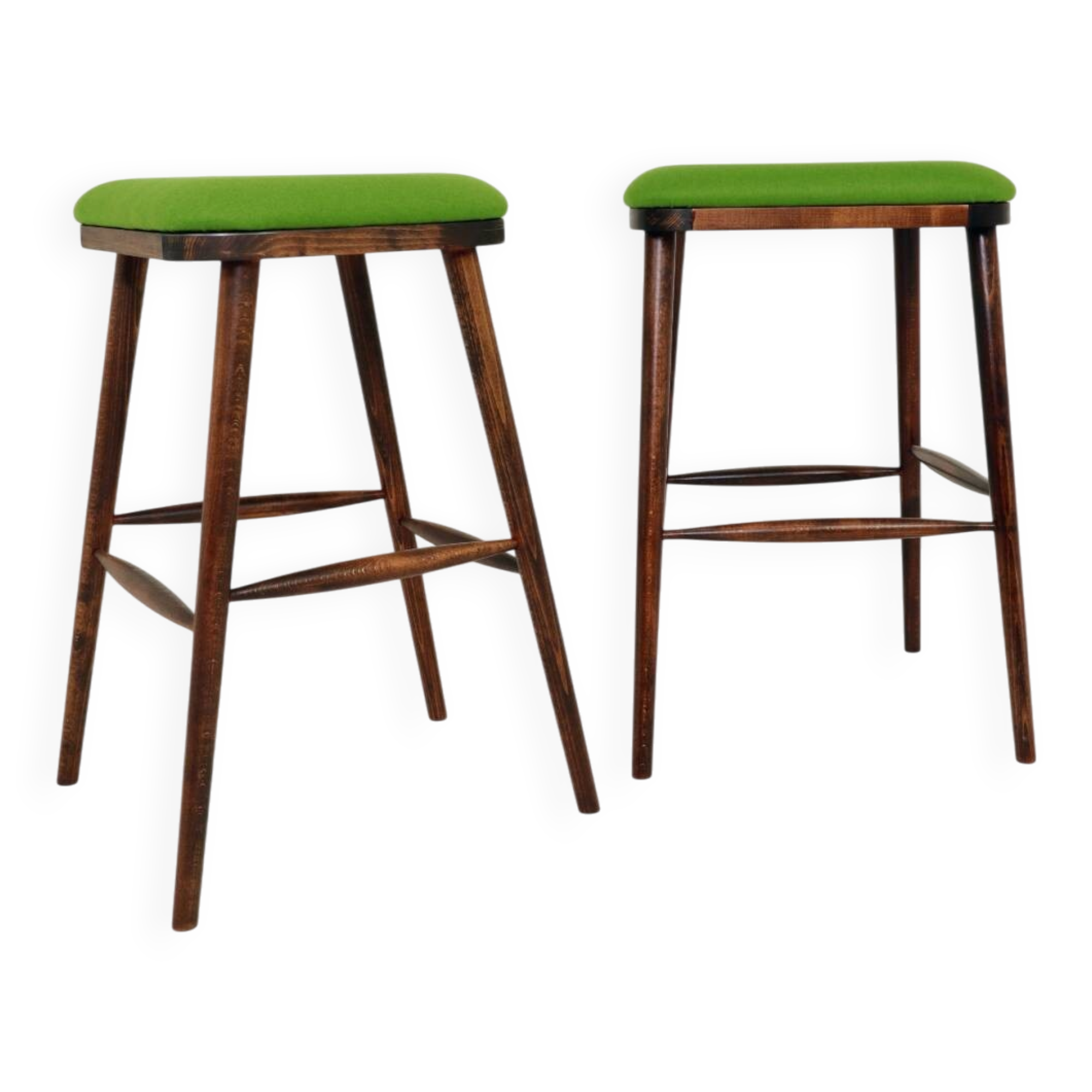 A pair of wood bar stools- Green premium wool - Rustic style/MCM