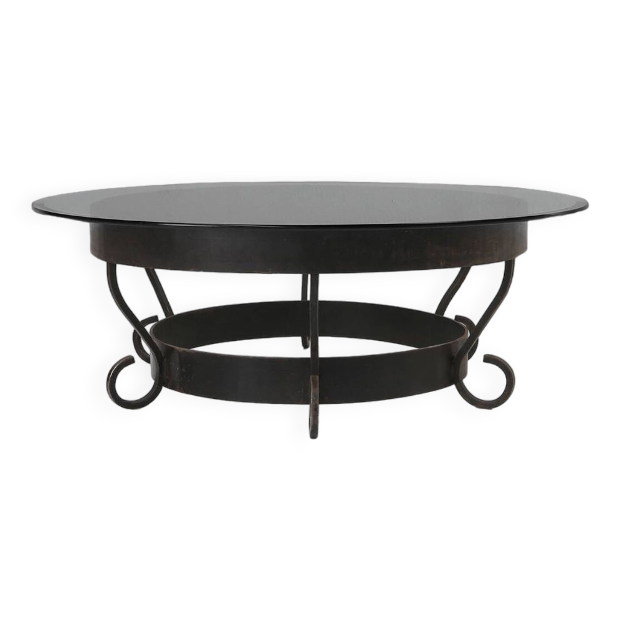 Rustic round coffee table with wrought iron base and glass top, France, 1930s