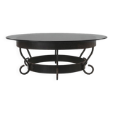Rustic round coffee table with wrought iron base and glass top, France, 1930s