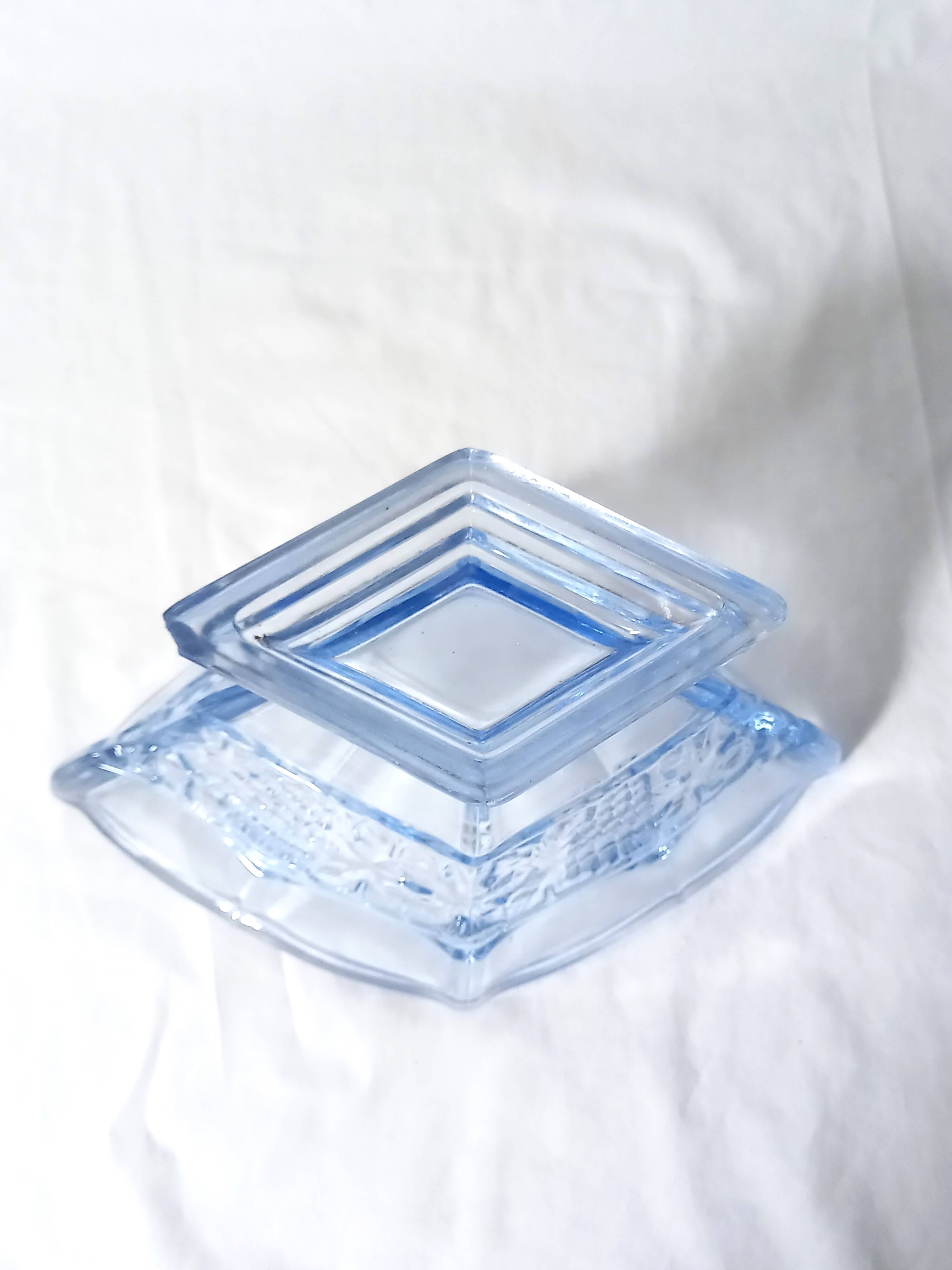 Art deco diamond-shaped vase in light blue color pressed molded glass