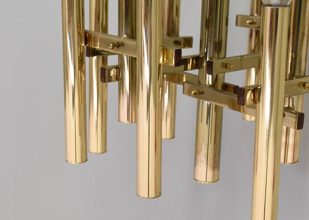 Italian brass chandelier 12 spot pendant lamp by Gaetano Sciolari, 1970s