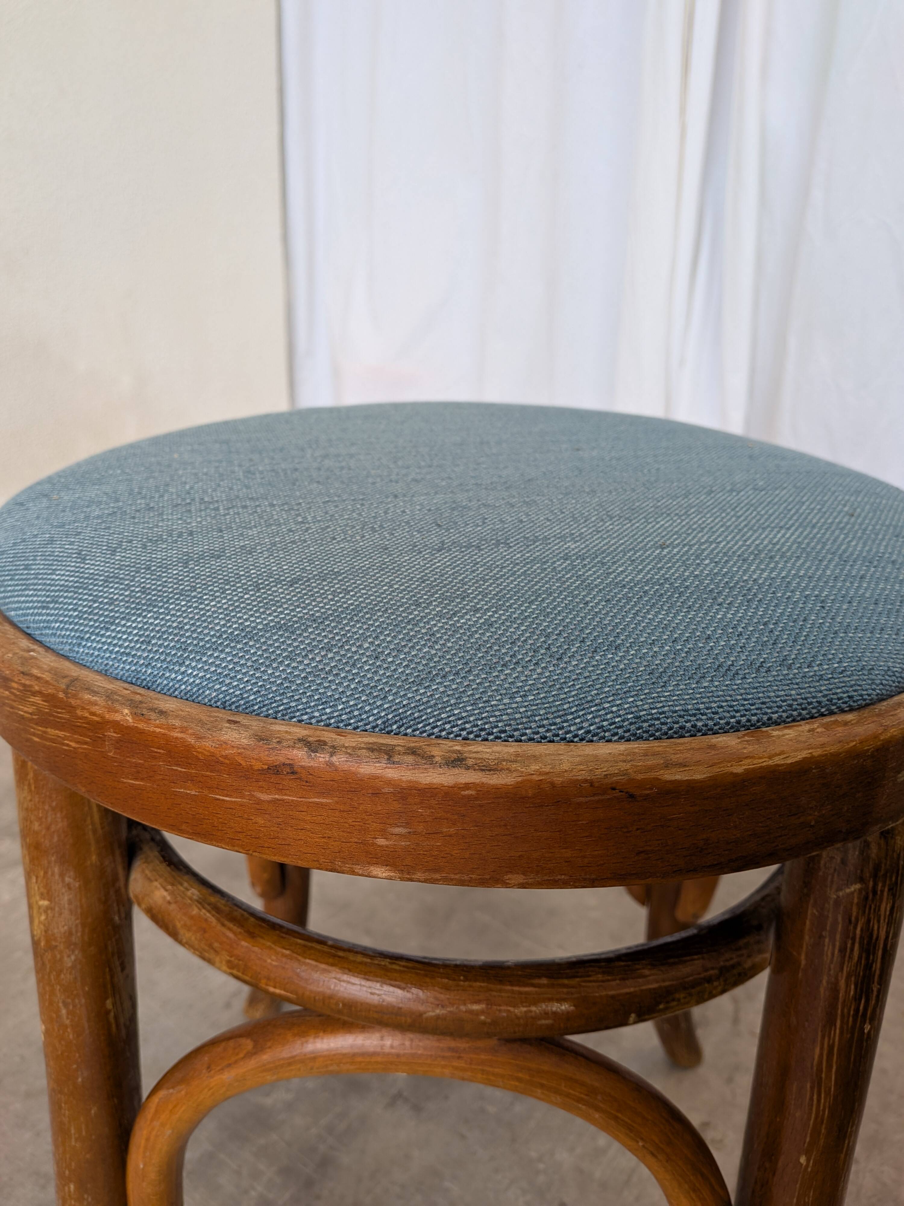 Pair of Vintage Bentwood Stools / Thonet Style / Upholstered Seat in Blue
