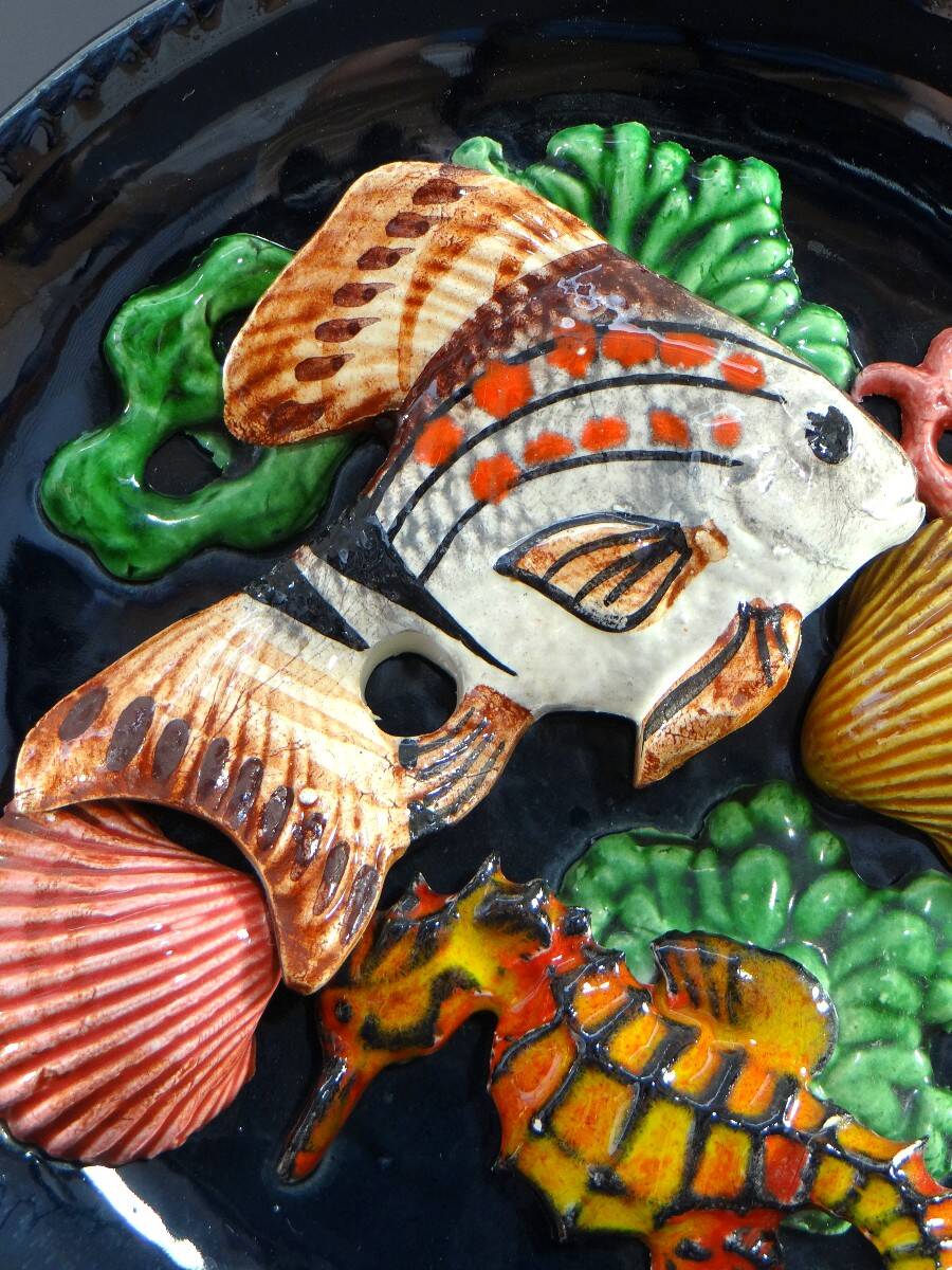 Vallauris, 1950s, Earthenware Plate Decorated With A Fish, A Seahorse And Corals.