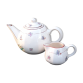 Theiere et pot à lait faience motif fleuri années 1930, Salins - France, E.Charbonnier