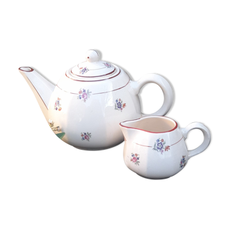 Theiere and faience milk pot, floral motif, years 1930, Salins - France, E.Charbonnier