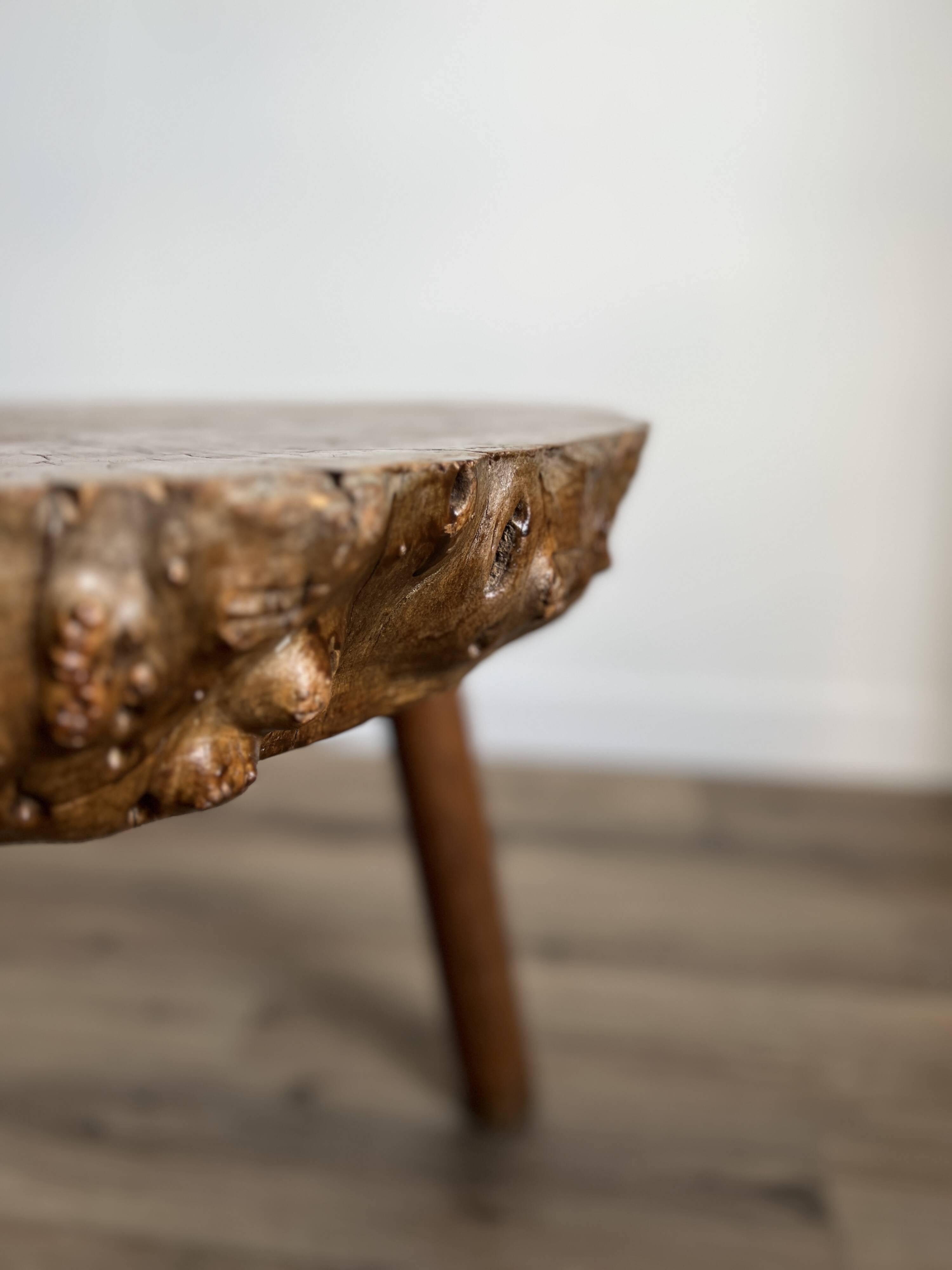 Brutalist tripod coffee table in elm burl, 1950.