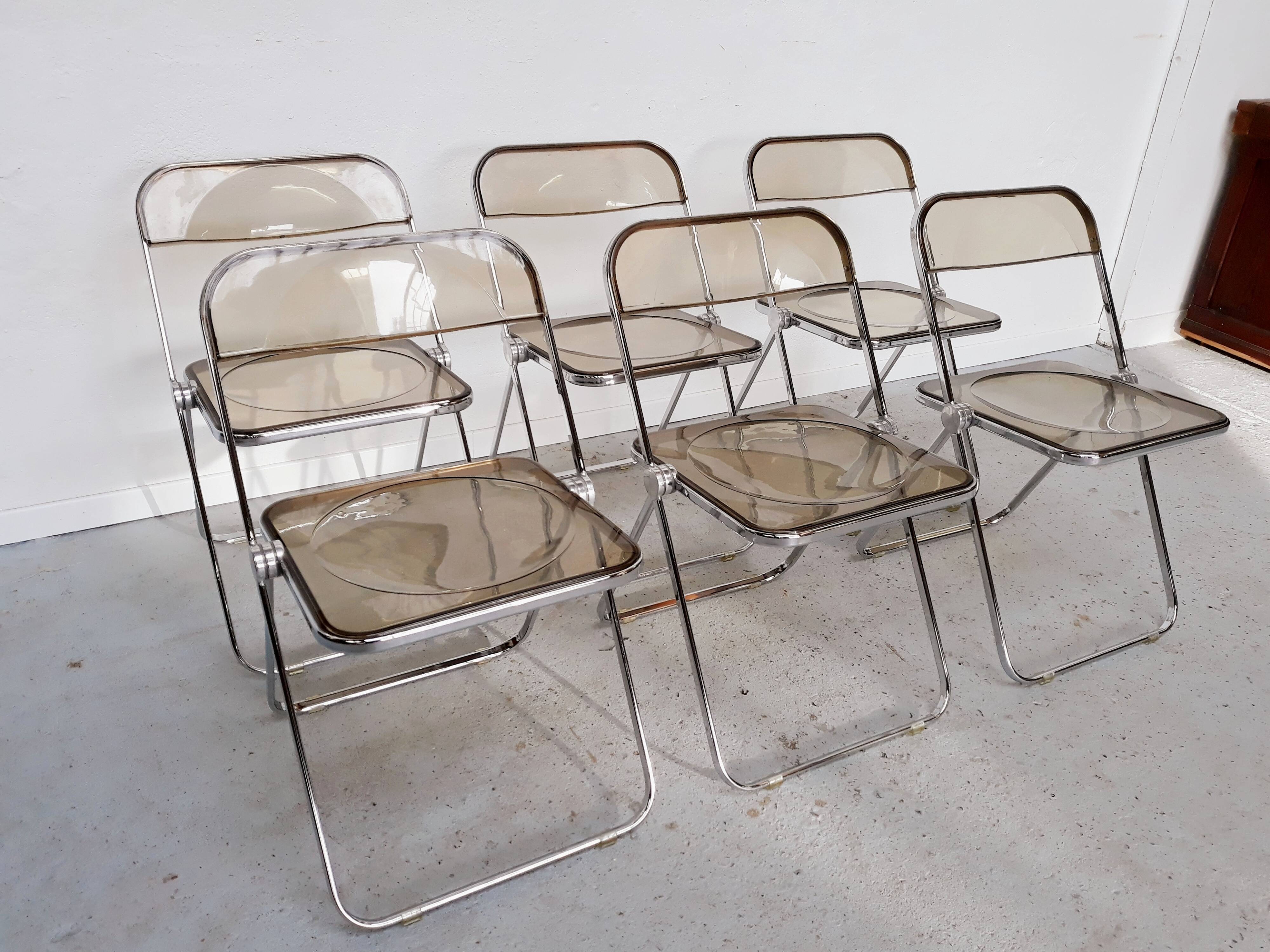6 vintage Chairs Giancarlo Piretti "plia" 1970 chrome and Plexiglas