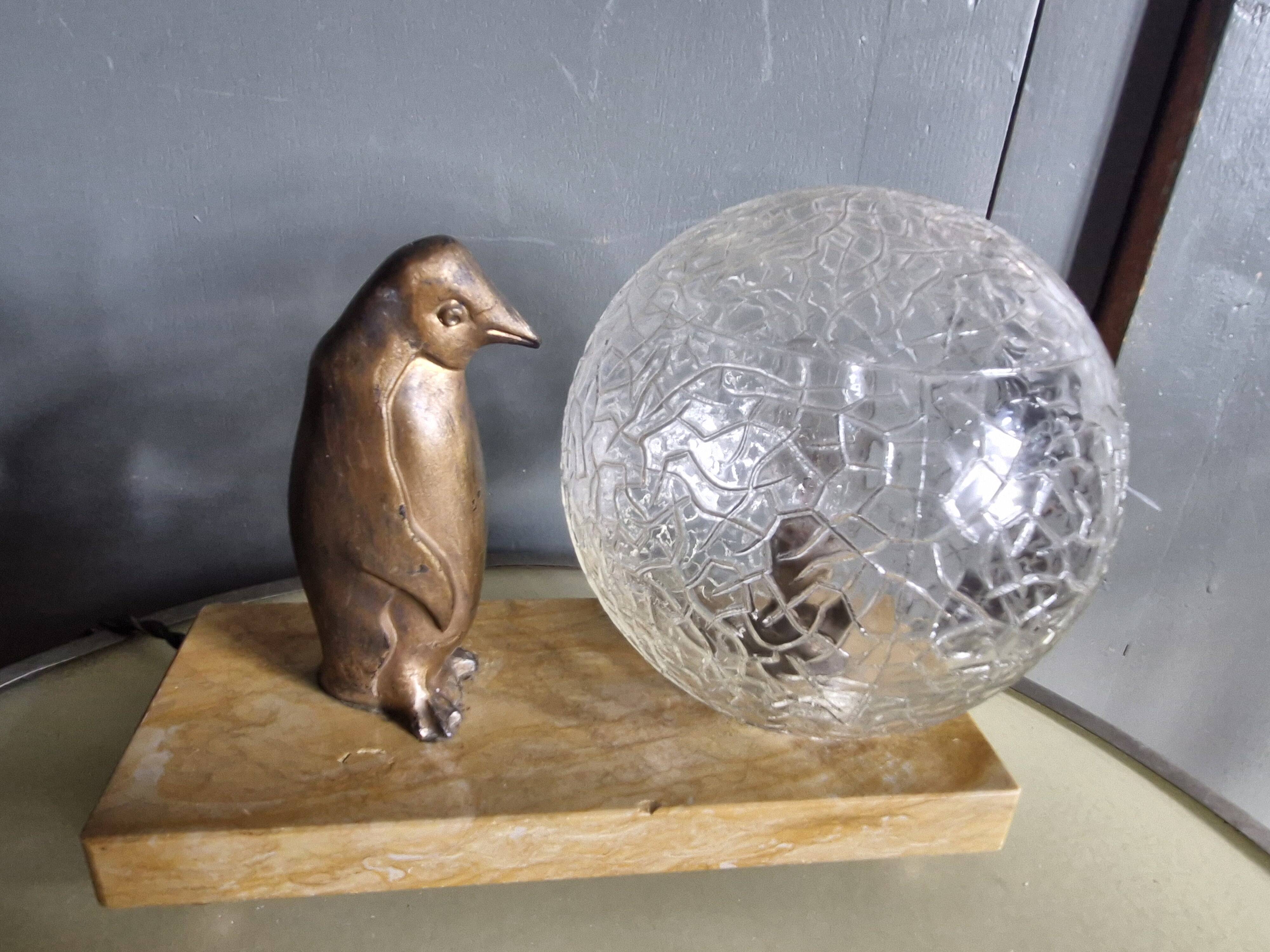 Lamp / Art Deco Night Light Penguin & Cracked Glass Globe on Base