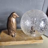 Lamp / Art Deco Night Light Penguin & Cracked Glass Globe on Base
