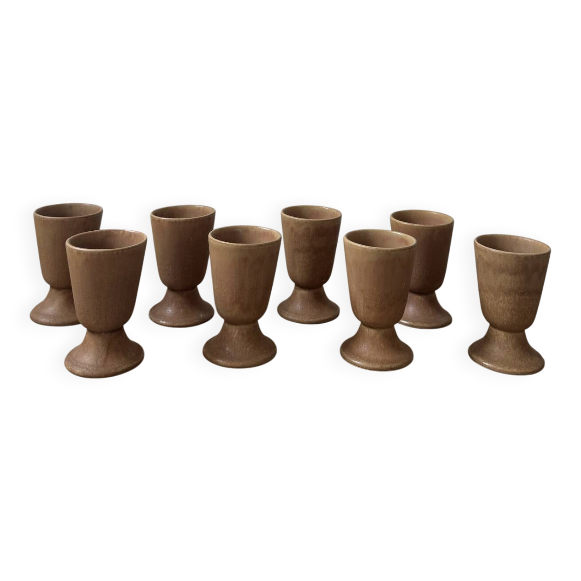 Lot of 8 vintage beige and brown enamelled stoneware mazagrans from the 1970s.
