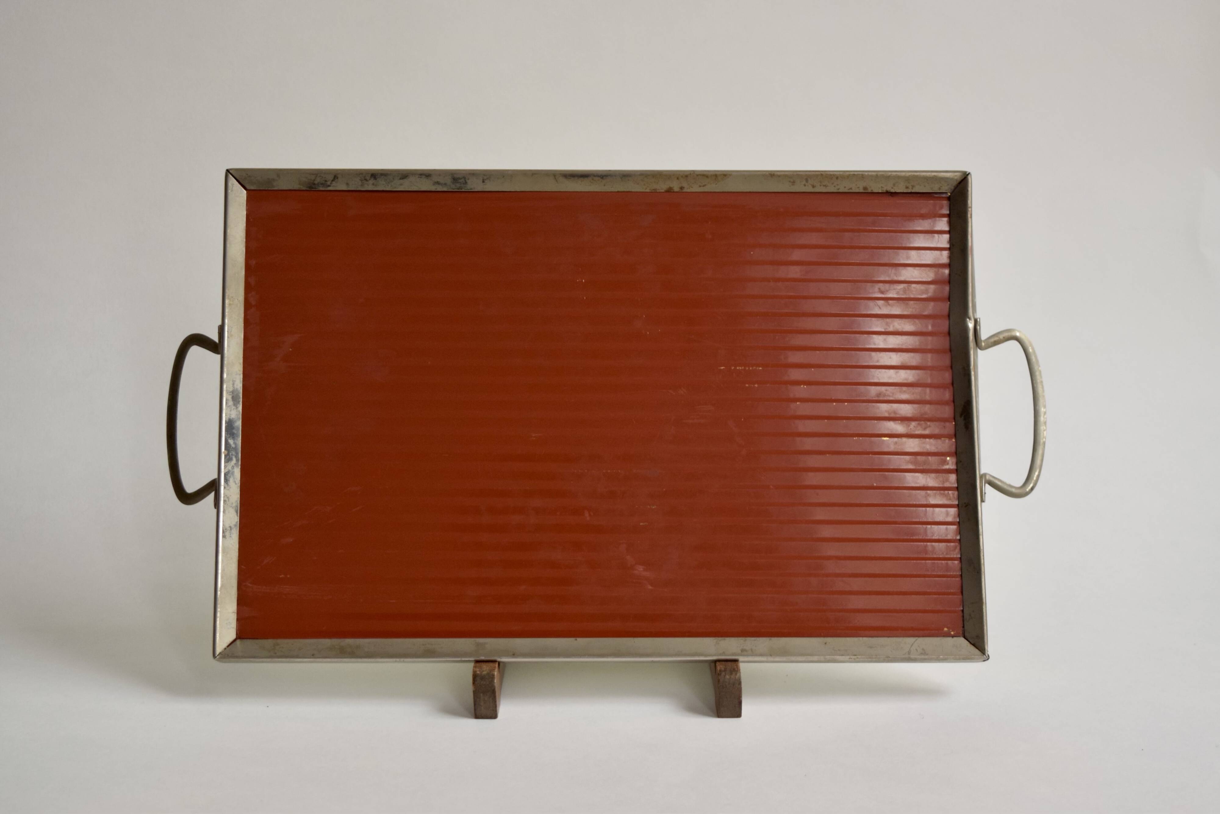 Old glass and metal serving tray - hand-painted floral decoration