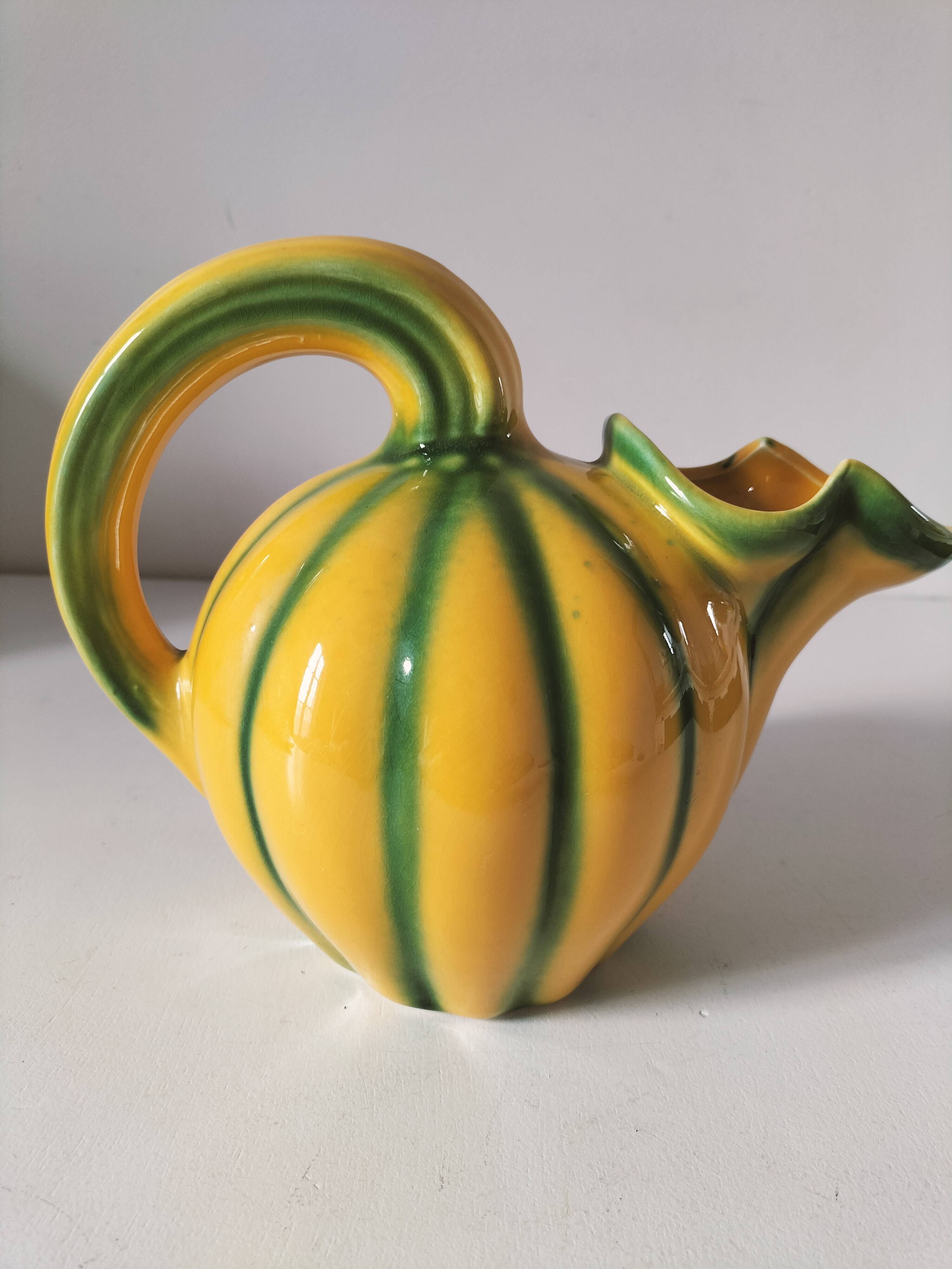 Vintage yellow and green earthenware melon-shaped pitcher – 1950s