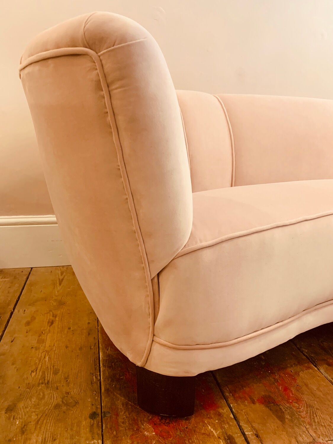 1940s Danish Banana Shaped Scalloped Sofa in Blush Pink
